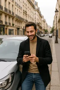 Homme souriant regardant smartphone devant sa voiture dans une ville francaise